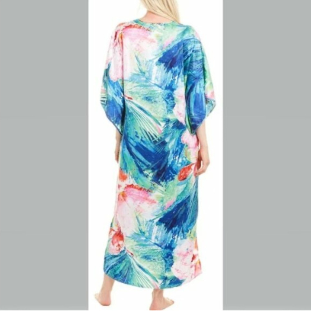 Natori Blue Floral Maxi kaftan pockets Dress private luxuries paradise palms M - Picture 2 of 9